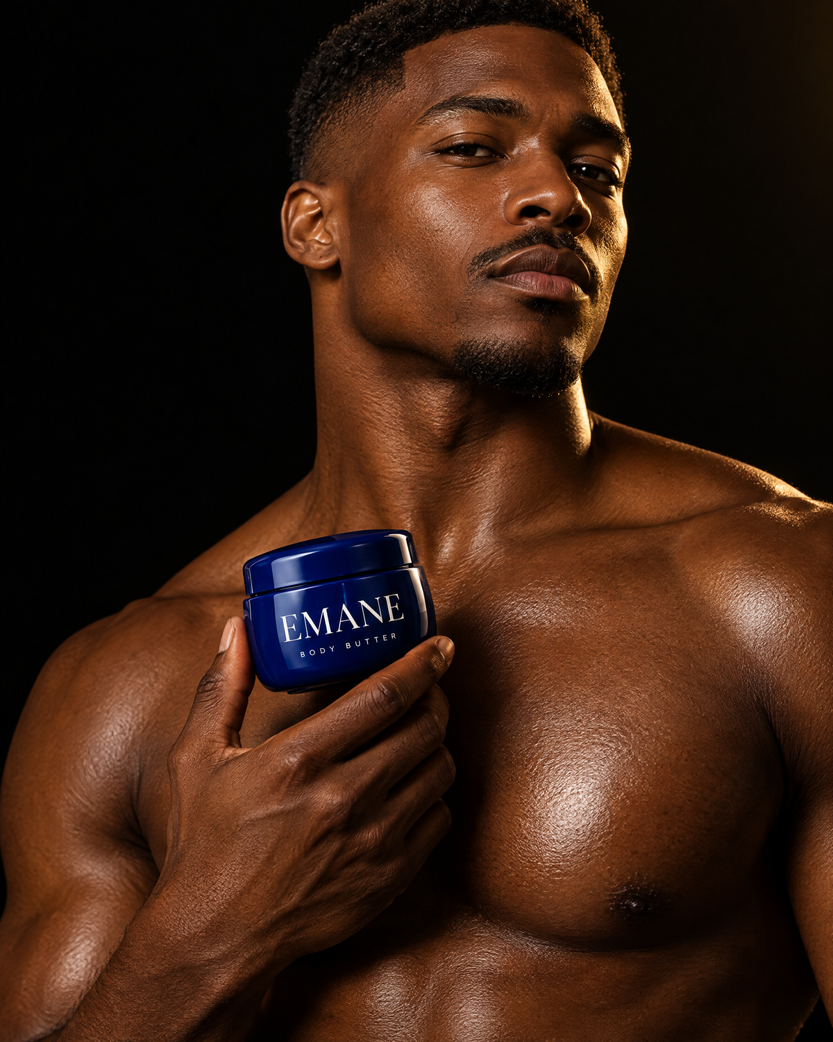 Man holding EMANE Blue Sky body butter