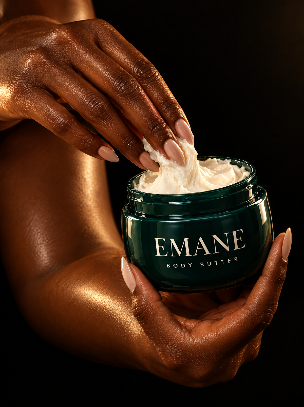 Hands scooping EMANE Green Mind body butter
